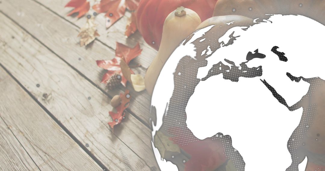 Blending globe overlay with rustic autumn harvest flatlay featuring pumpkins and butternut