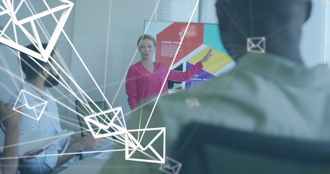 Businesswoman Leading Presentation with Digital Network Overlay