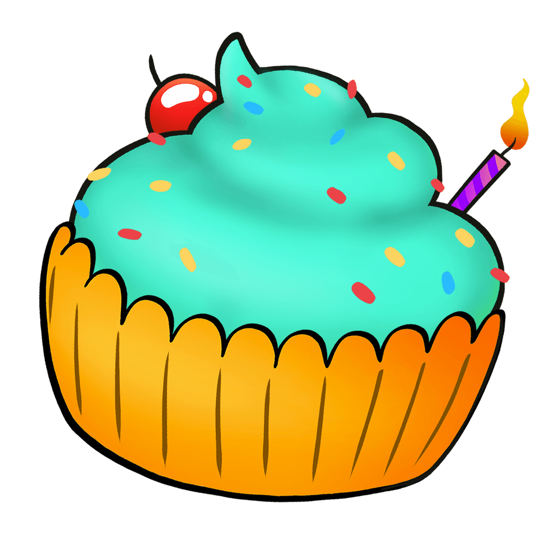 Transparent Cartoon Cupcake with Candle and Teal Frosting