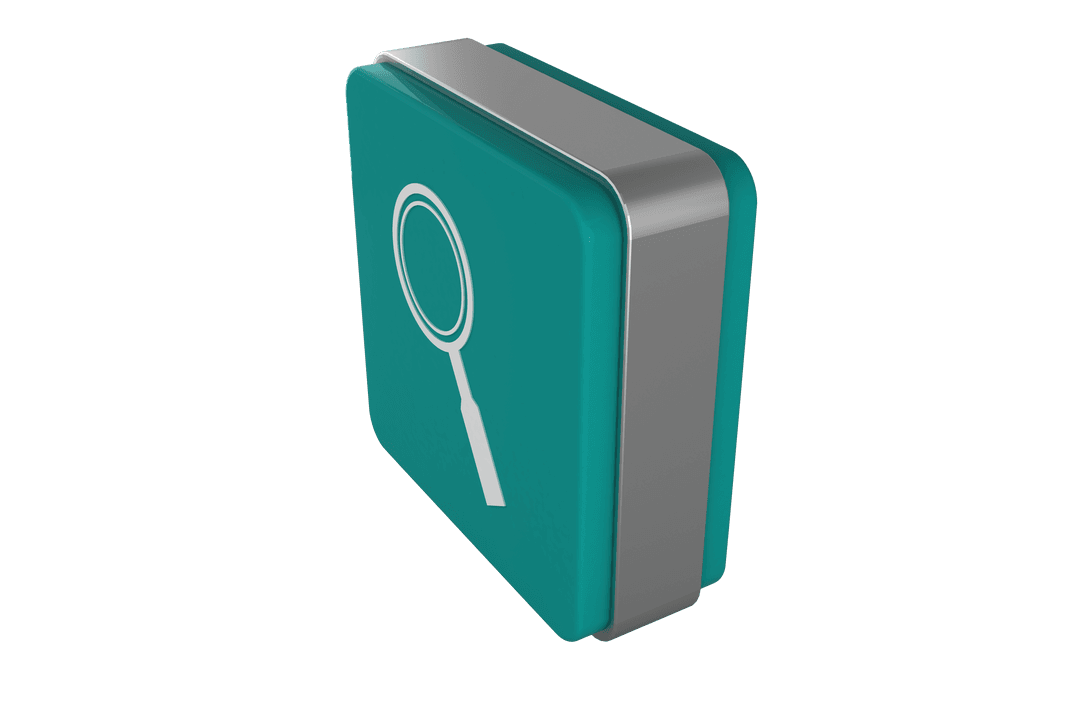 Teal Cube with Magnifying Glass Symbol on Transparent Background