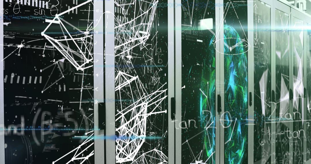 Data Processing in Modern Server Room with Digital Overlay