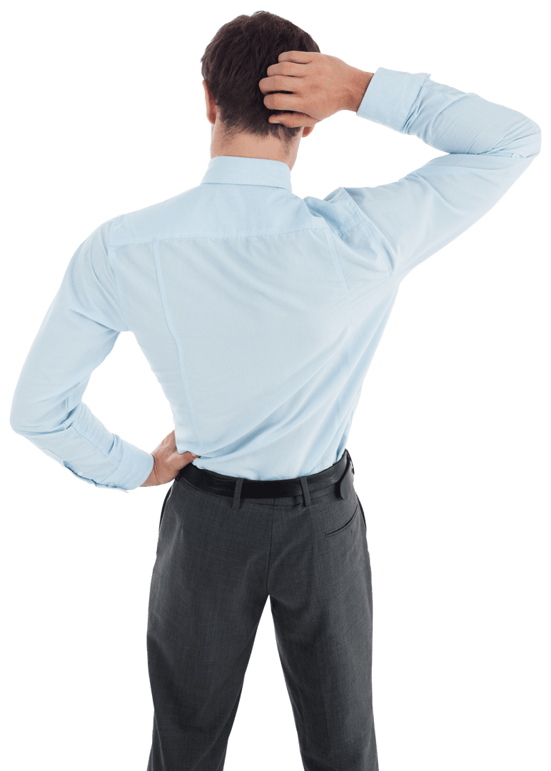 Confused Businessman from Behind with Hand on Head on Transparent Background
