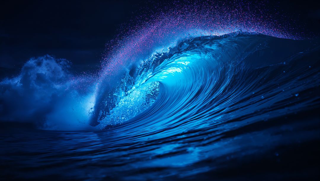 Majestic Ocean Wave Glowing at Night, Velvety Waters and Light Reflection
