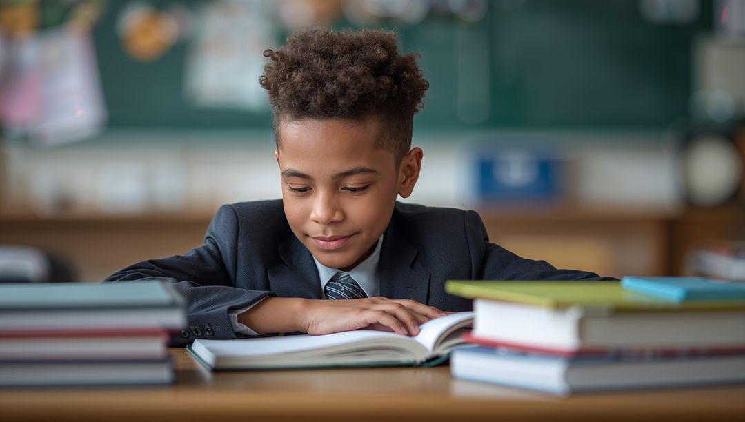 Young Student in Uniform Reading at Classroom Desk