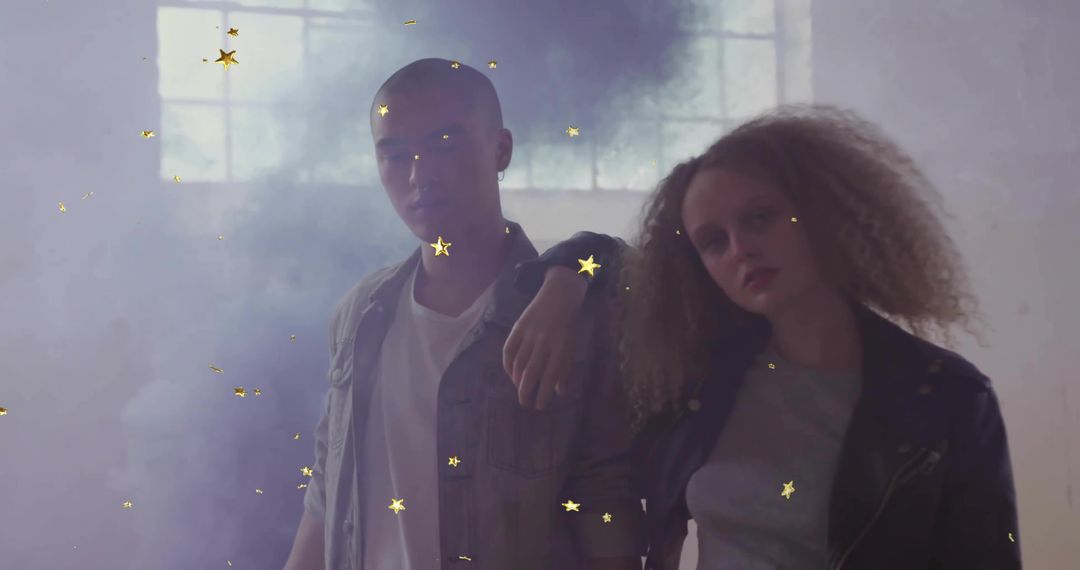 Friends Posing in Misty Loft with Golden Confetti