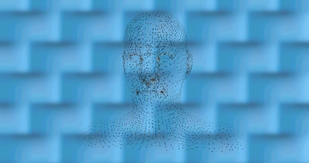 Digital Human Face Model Spinning Against Blue Background Pattern