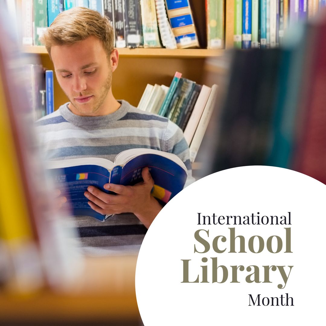 Young Male Student Reading Book in Library During School Library Month