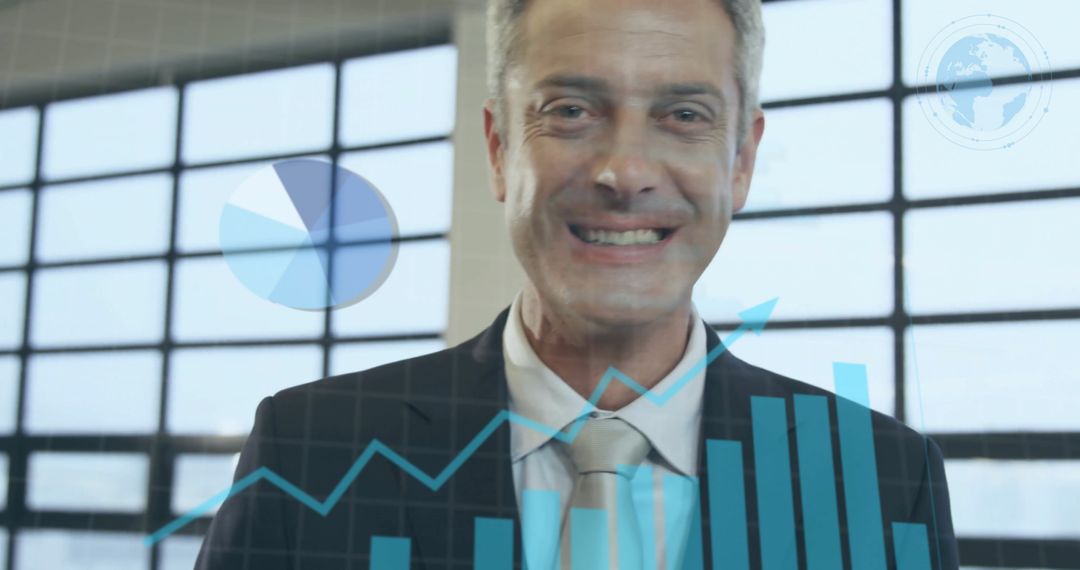 Smiling Businessman Analyzing Data Trends in Modern Office