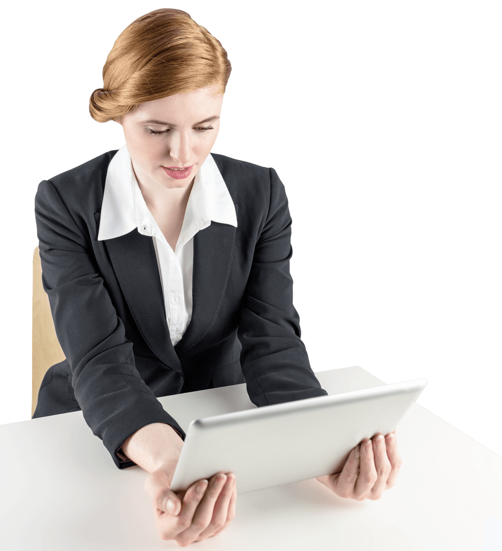 Transparent Redhead Businesswoman Using Digital Tablet