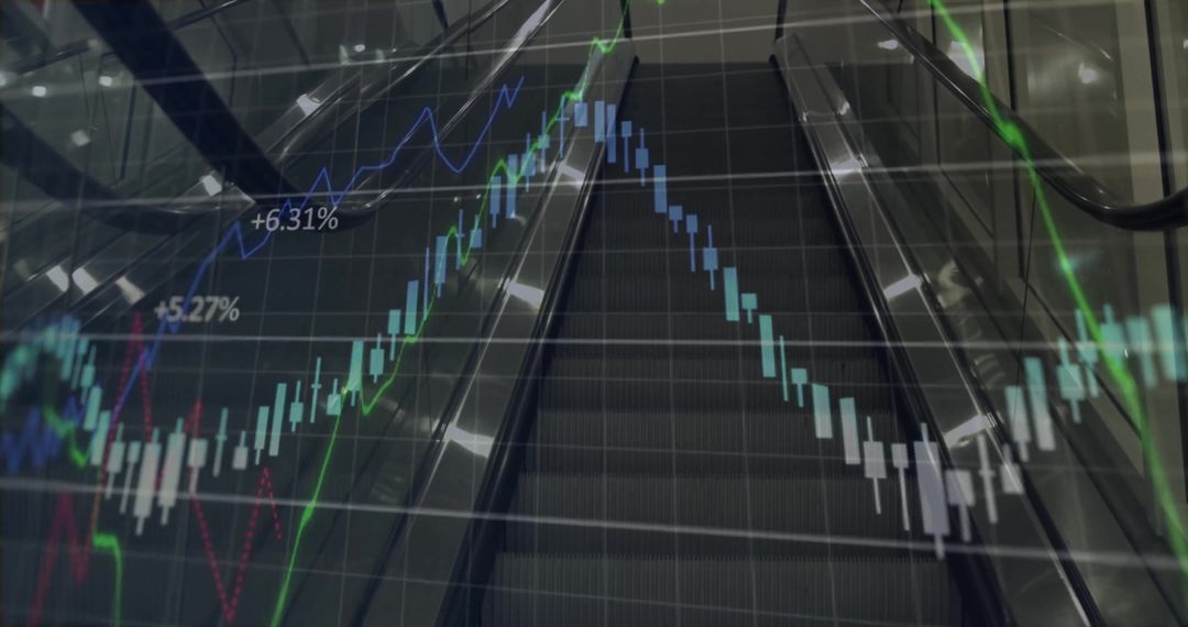 Financial Data Overlay on Escalator Symbolizing Market Upturn