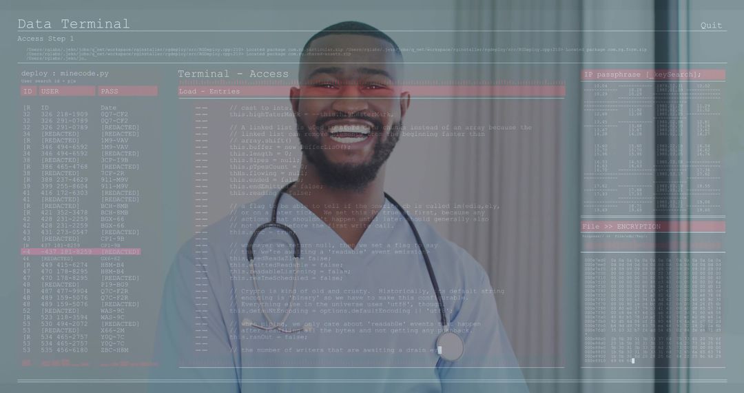 Smiling Doctor with Terminal Code Overlay Symbolizing Healthcare Technology