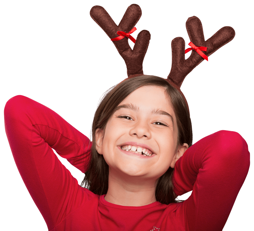 Transparent Image of Smiling Girl With Red Reindeer Antlers