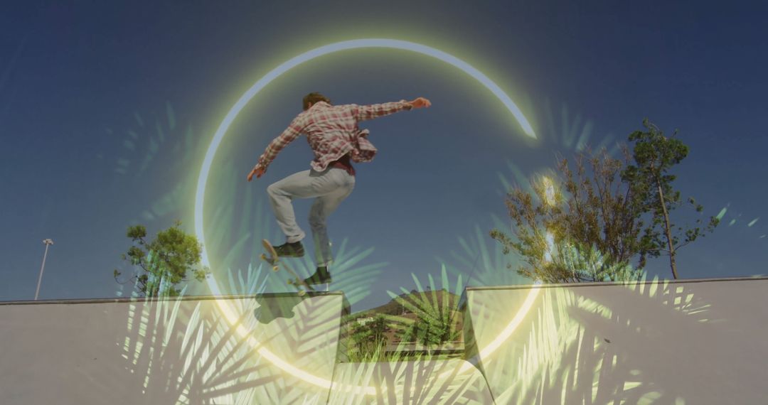 Skateboarder Performing Trick with Vibrant Circle Overlay at Skatepark