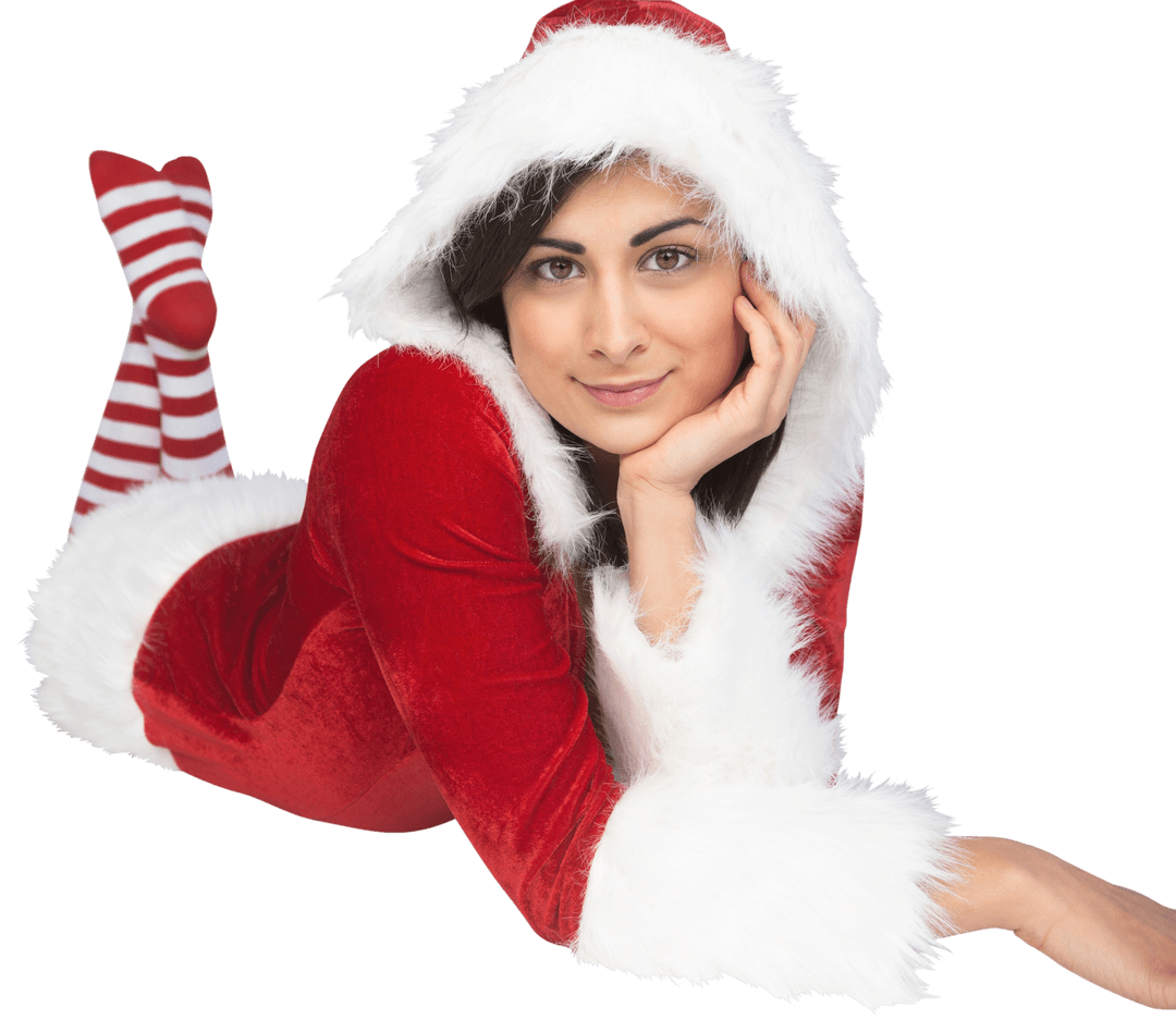 Woman Relaxing in Santa Outfit with Transparent Background