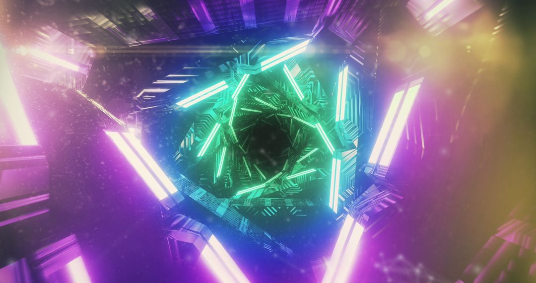 Futuristic Glowing Triangle Tunnel with Digital Interface