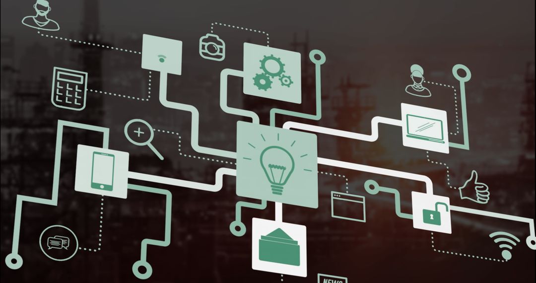 Digital Network and Business Icons over Industrial Background