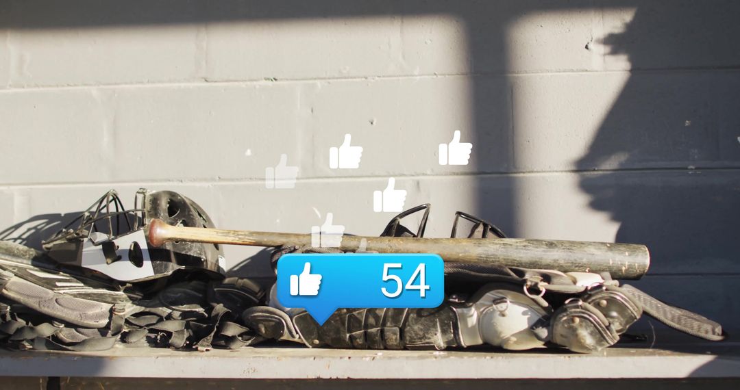 Baseball Gear with Notification Icons on Bench Indicates Online Engagement