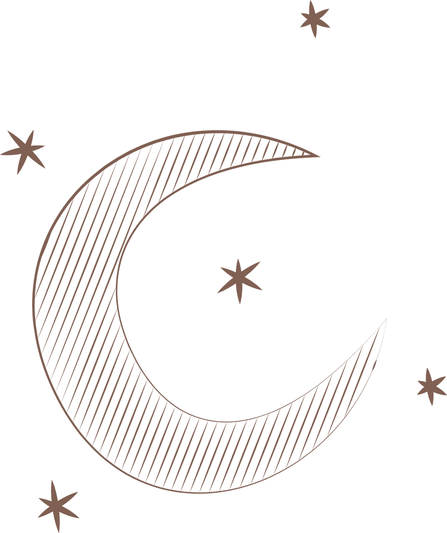 Hatched Crescent Moon with Stars on Transparent Background