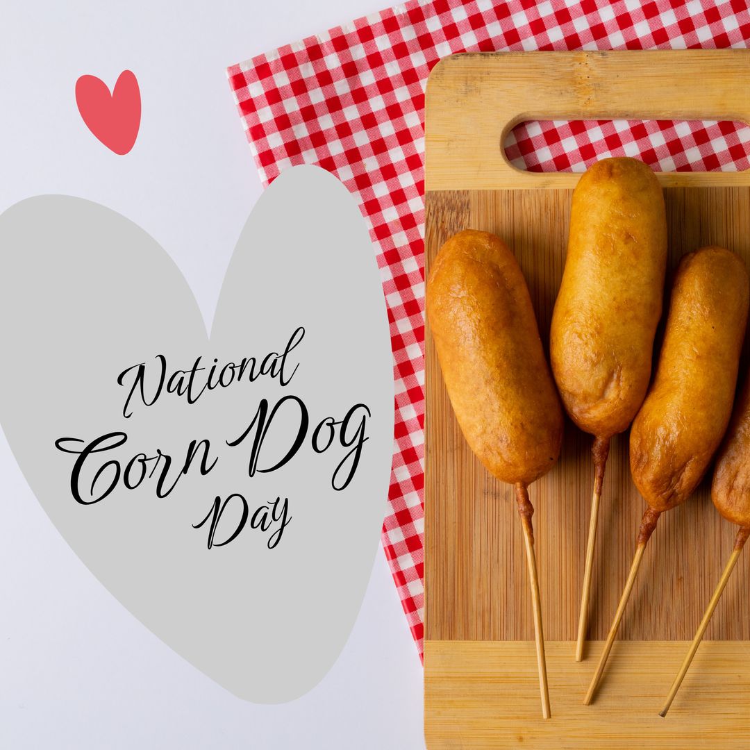 Composition of national corn dog day text over corn dog on wooden board and gingham - Download Free Stock Templates Pikwizard.com