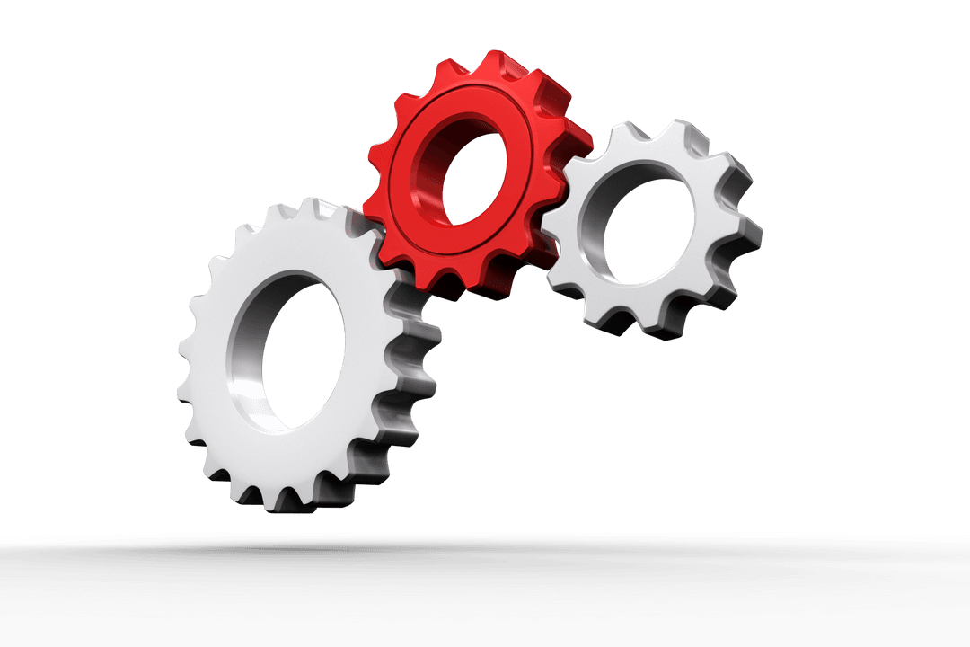Transparent Red and White Cogwheels Interconnected on Clear Background