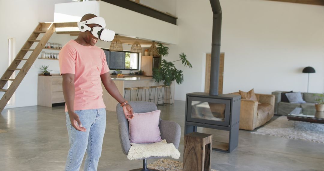 Man Enjoying Virtual Reality Experience in Modern Home