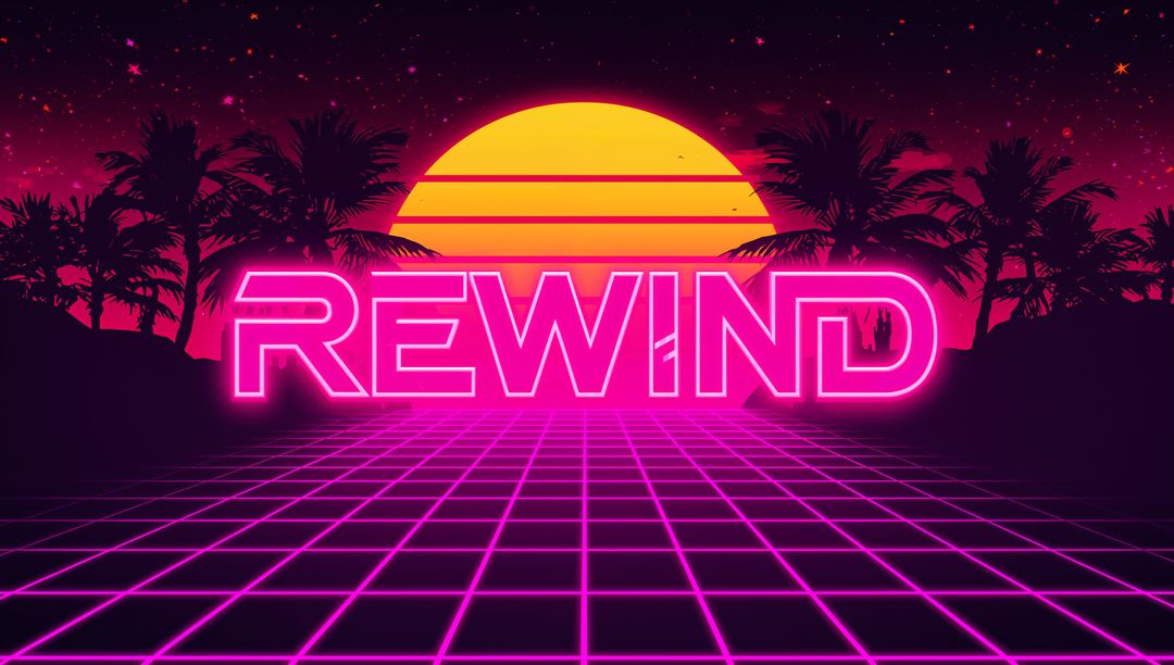 Glowing neon REWIND sign reflecting on magenta grid beneath retro sun and palm silhouettes