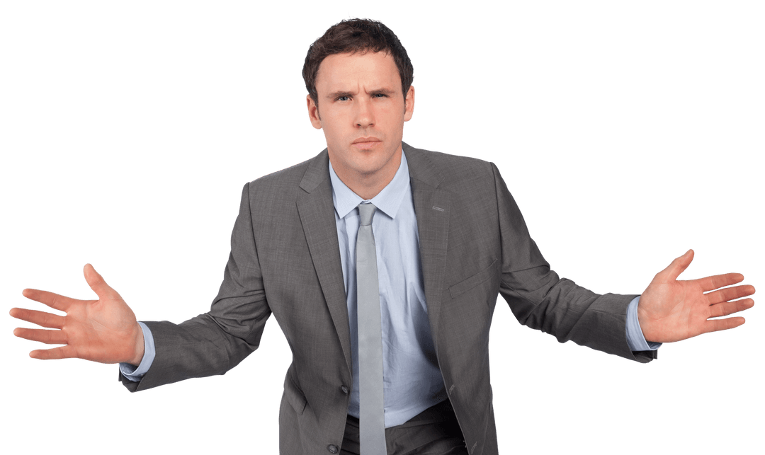 Confused Businessman in Grey Suit with Open Hands Transparent