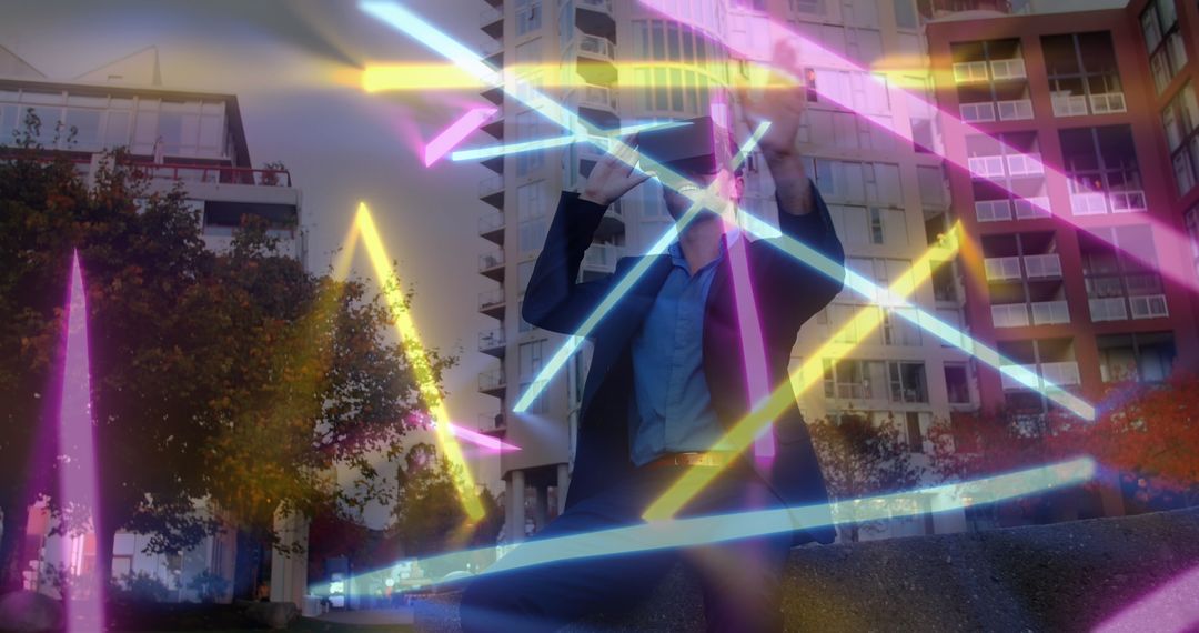 Caucasian Man Experiencing Virtual World with Neon Graphics