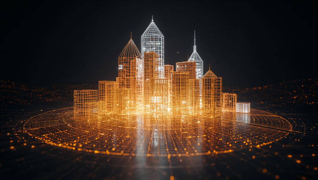 Glowing Wireframe Cityscape Digital Twin on Circular Data Grid Reflecting Light