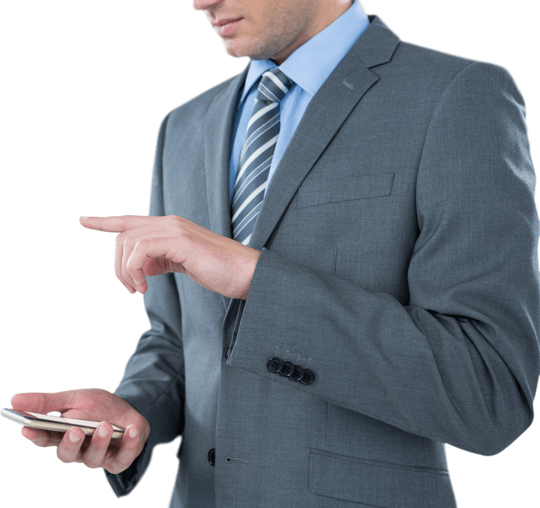 Businessman in Gray Suit Typing on Smartphone Transparent