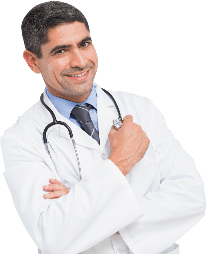 Transparent Smiling Male Doctor with Stethoscope Posing Confidently