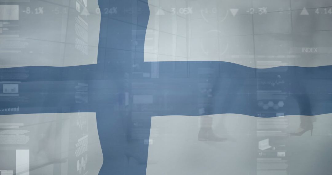Finnish Flag Overlaying Financial Data Graphics