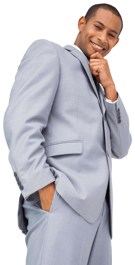 Confident Biracial Businessman Smiling in Gray Suit