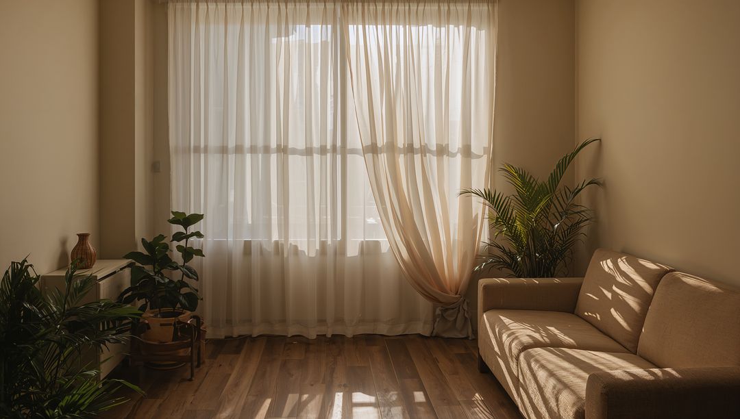 Sunlight Filtering Through Sheer Curtains Casting Warm Shadows on Minimal Living Room