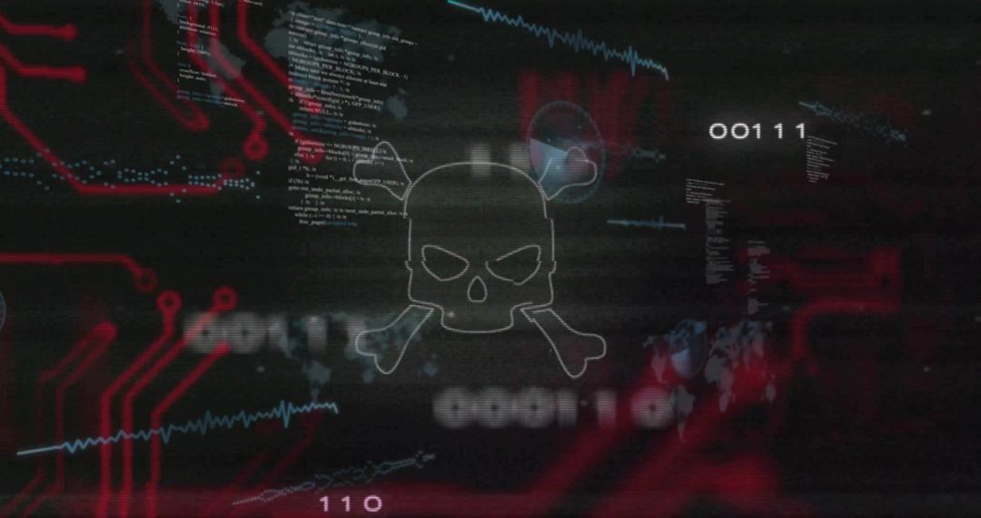 Glitching Skull-and-Crossbones Over Red Circuitry Signaling Cyber Threat and Malware Attack