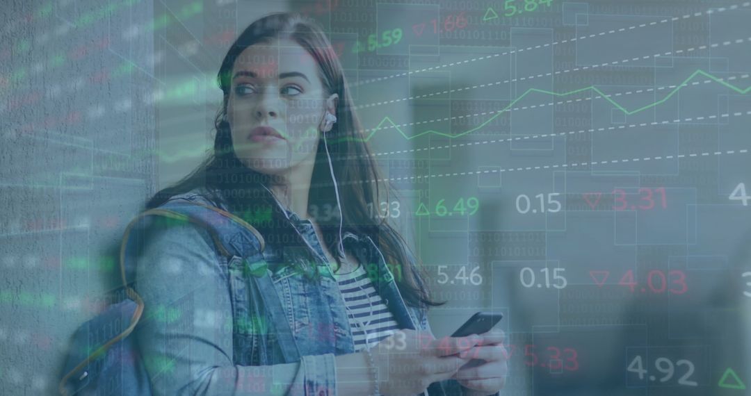 Woman with Phone Analyzing Financial Data Overlay