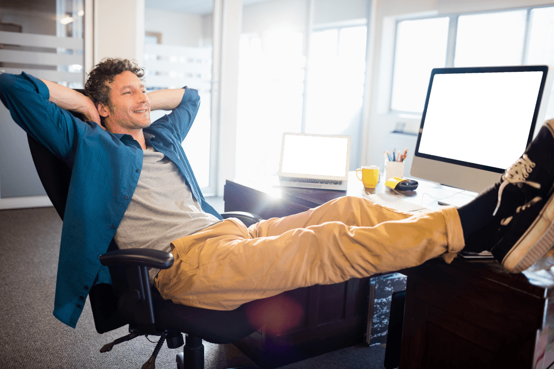 Relaxed Businessman Leaning Back in Office with Transparent Calm Theme