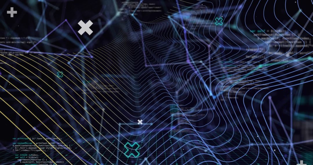 Futuristic Digital Interface with Wave Patterns and Code