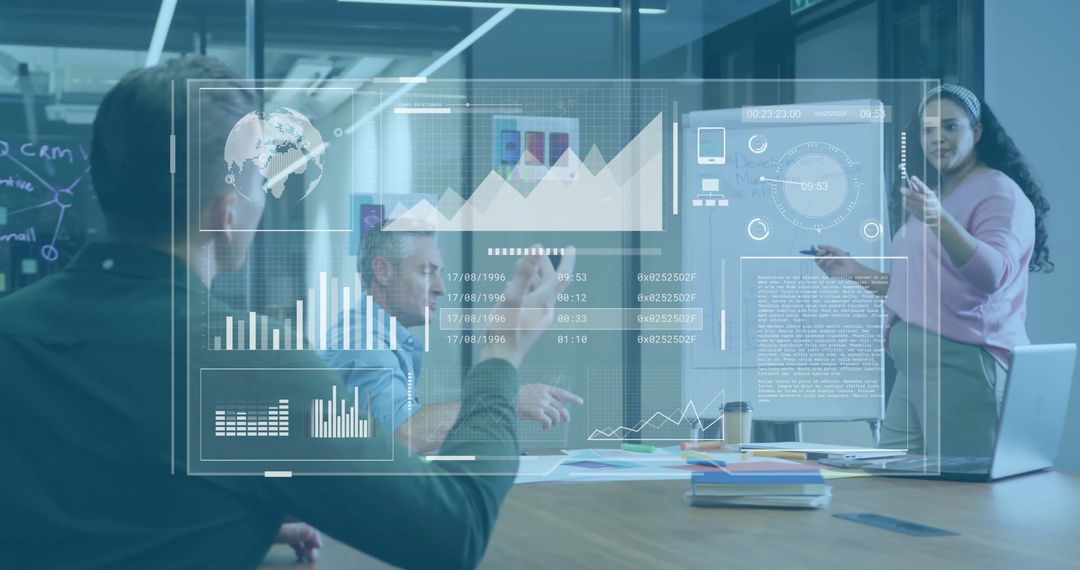 Colleagues Analyzing Digital Data Interface in Office Meeting