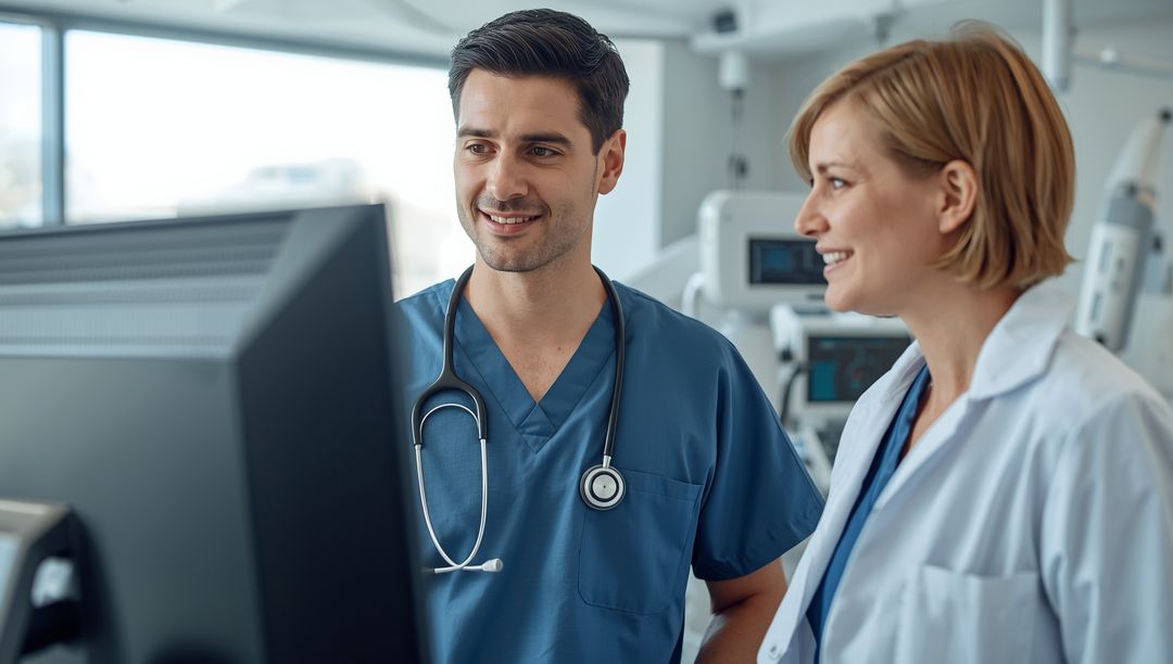 Smiling Doctors Reviewing Data on Hospital Screen