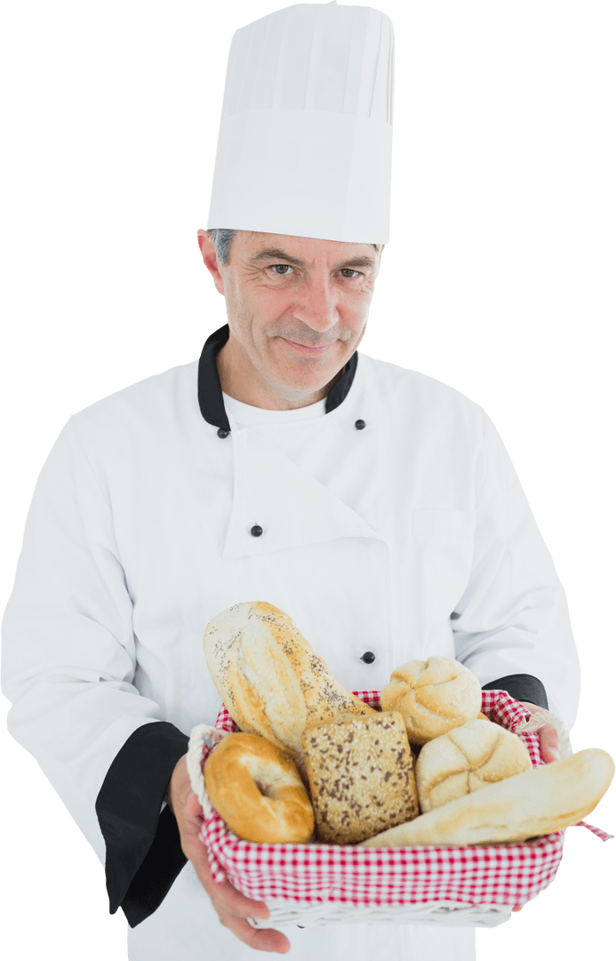 Happy Chef Holding Fresh Bread with Transparent Background