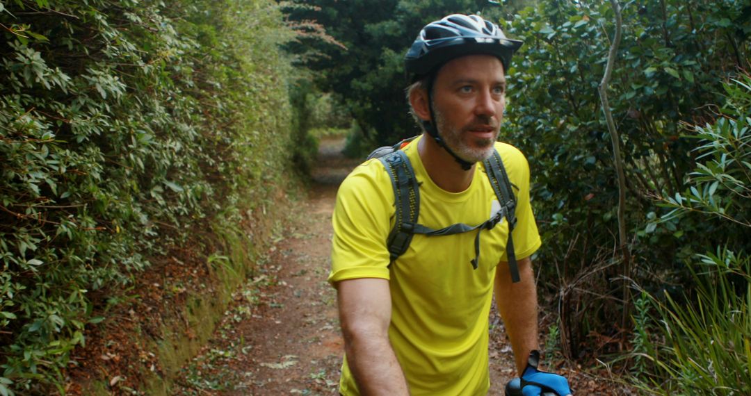 Man Biking on a Forest Trail in Sunny Weather - Free Images, Stock Photos and Pictures on Pikwizard.com