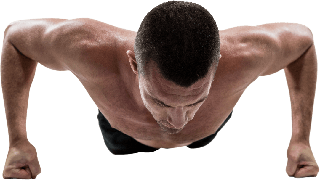 Shirtless Athlete Performing Transparent Push-Ups Against White Background