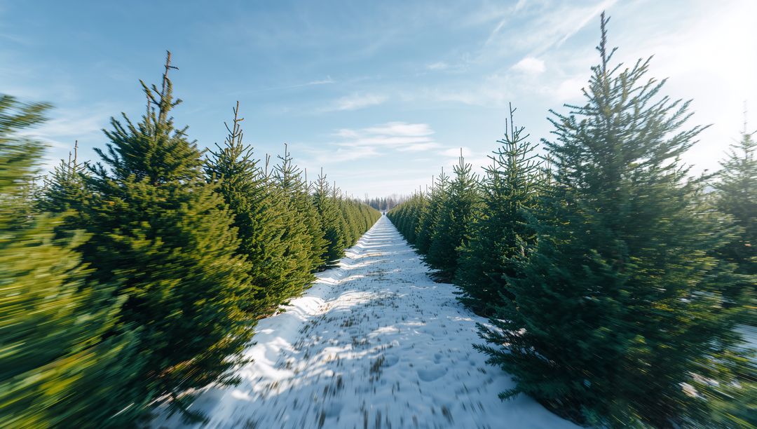 Snowy Path Through Evergreen Christmas Tree Farm