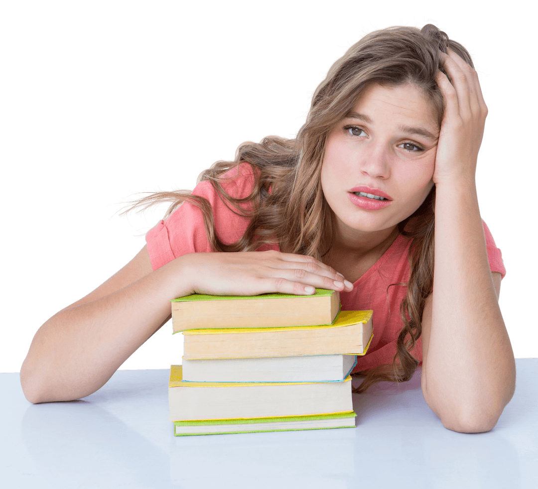 Tired Young Woman Resting Head on Book Stack with Transparent Background