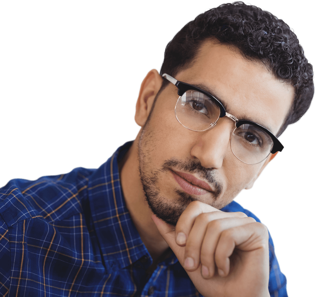 Thoughtful Man Wearing Glasses in Transparent Background