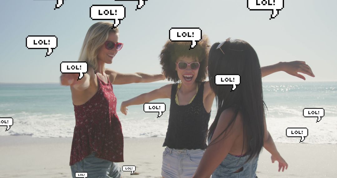 Friends Having Fun with Digital LOL Speech Bubbles at Beach