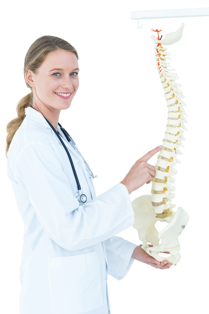 Female Doctor Explains Anatomical Spine Model Transparent Background