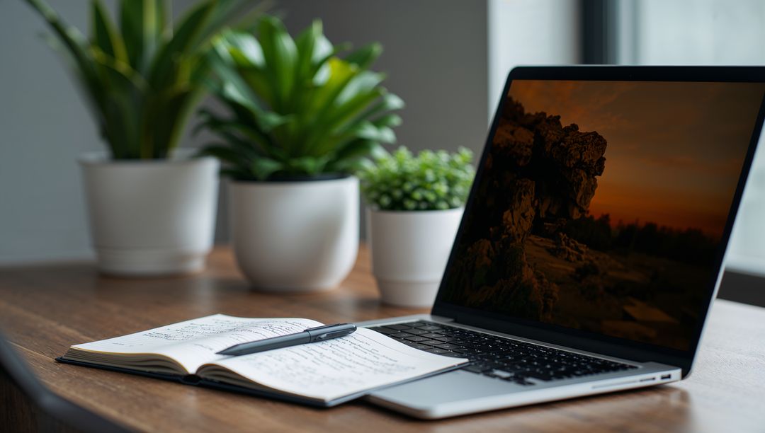Serene minimalist workspace showing open laptop, notebook and pen beside sunlit window