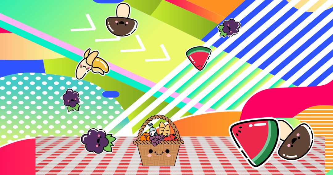 Colorful Picnic Basket with Fruits on Abstract Background